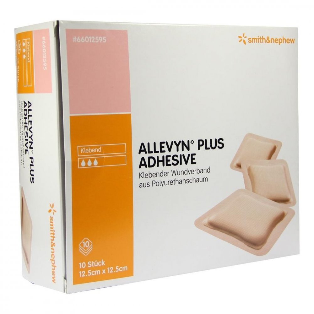 Das Produktfoto zeigt Allevyn Plus Adhesive 12,5x12,5 Cm Schaumverband (10 stk) PZN 03767127