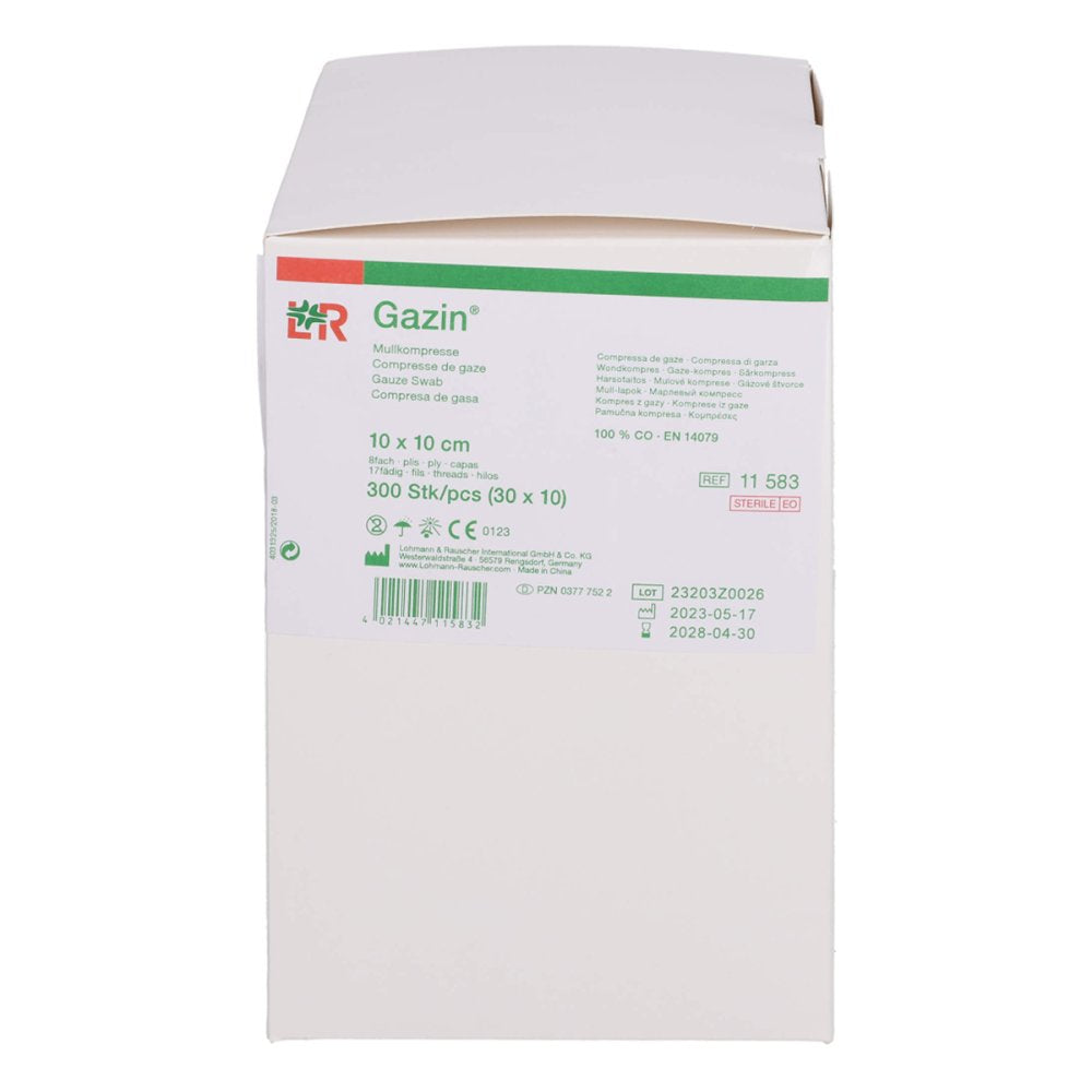 Das Produktfoto zeigt Gazin Mullkomp.10x10 Cm Steril 8fach (30X10 stk) PZN 03777522