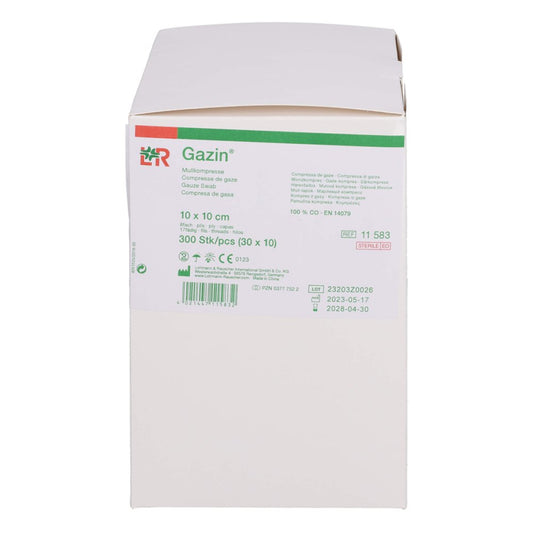 Das Produktfoto zeigt Gazin Mullkomp.10x10 Cm Steril 8fach (30X10 stk) PZN 03777522
