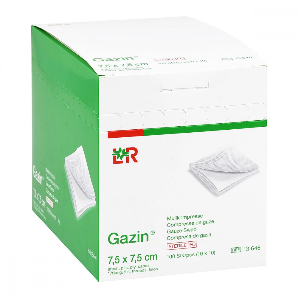Das Produktfoto zeigt Gazin Mullkomp.7,5x7,5 Cm Steril 8fach (10X10 stk) PZN 03777545