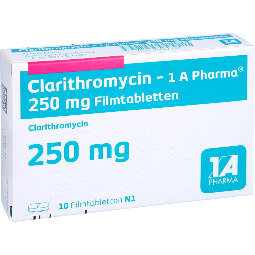 Das Produktfoto zeigt Clarithromycin-1a Ph.250mg Filmtabletten (10 stk) PZN 03811294