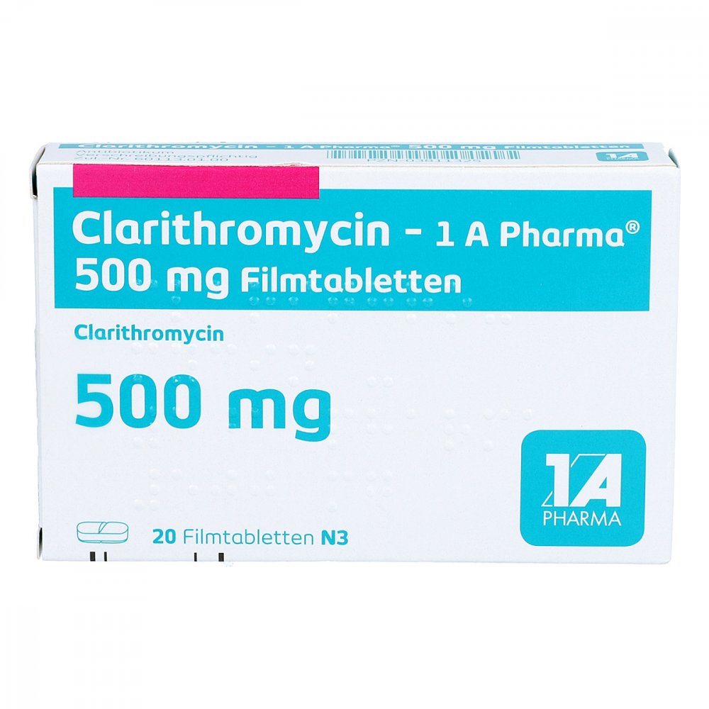Das Produktfoto zeigt Clarithromycin-1a Ph.500mg Filmtabletten (20 stk) PZN 03811325