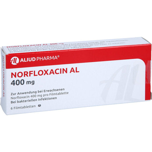 Das Produktfoto zeigt Norfloxacin Al 400 Mg Filmtabletten (6 stk) PZN 03812170