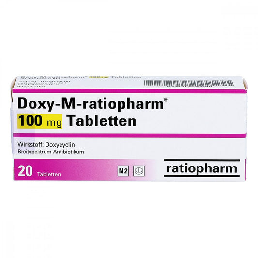 Das Produktfoto zeigt Doxy M-Ratiopharm 100 Mg Tabletten (20 stk) PZN 03816848