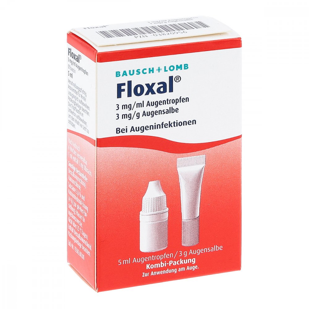 Das Produktfoto zeigt Floxal 3 Mg/Ml Augentropfen + 3 Mg/G Augenslb.Kpg. (1 stk) PZN 03820956