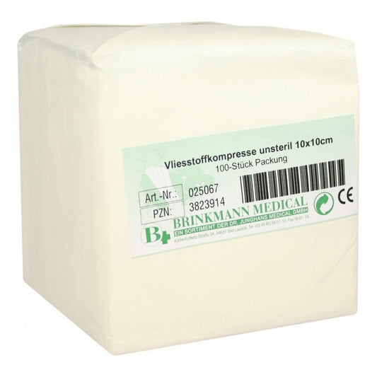Das Produktfoto zeigt Vliesstoff-Kompressen Unsteril 10x10 Cm 4fach (100 stk) PZN 03823914