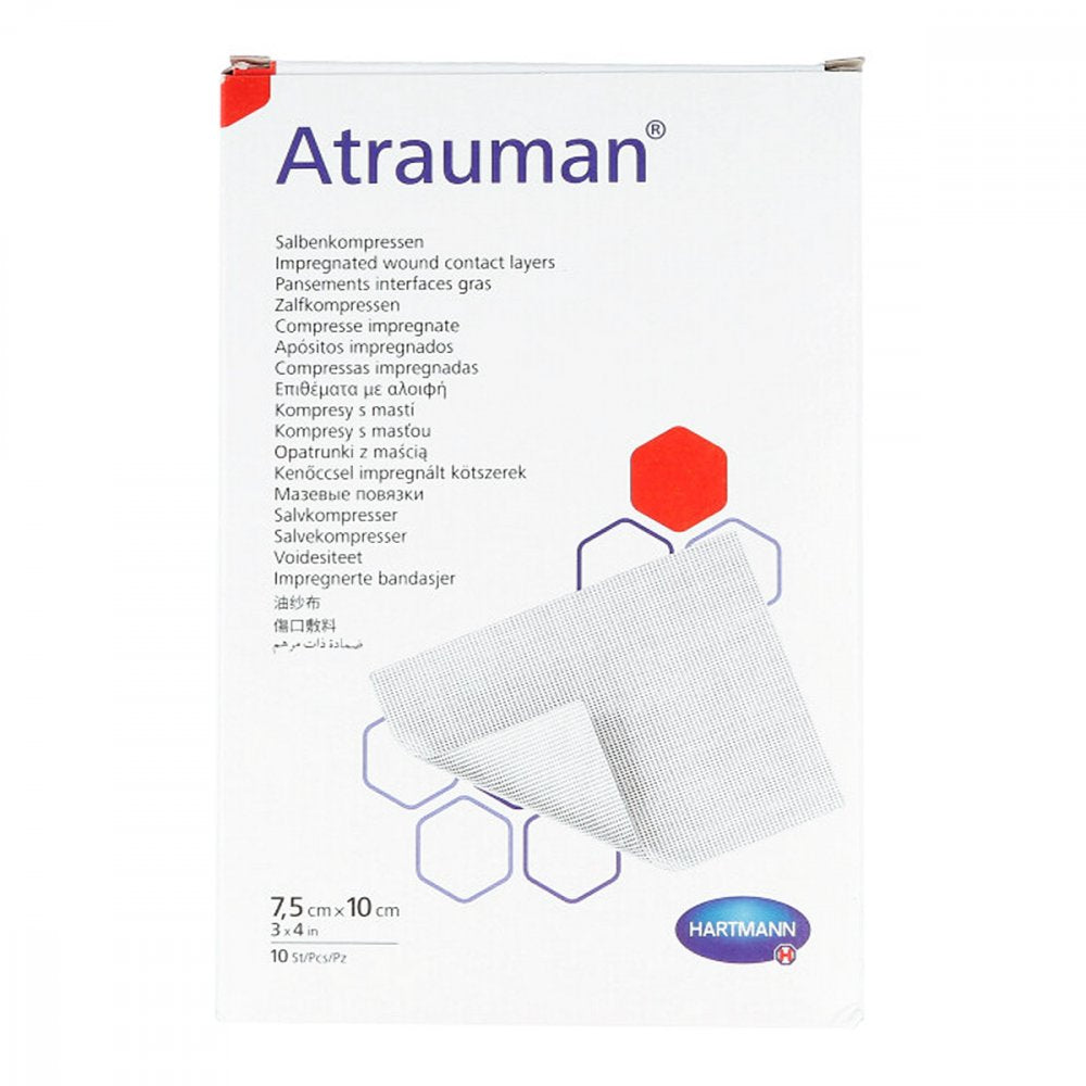 Das Produktfoto zeigt Atrauman 7,5x10 Cm Steril Kompressen (10 stk) PZN 03829302