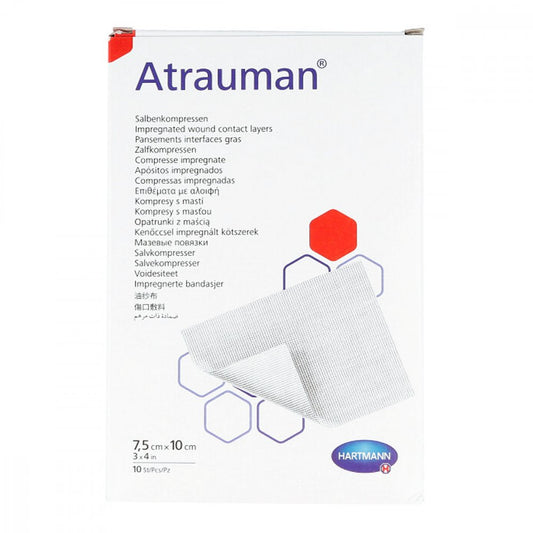 Das Produktfoto zeigt Atrauman 7,5x10 Cm Steril Kompressen (10 stk) PZN 03829302