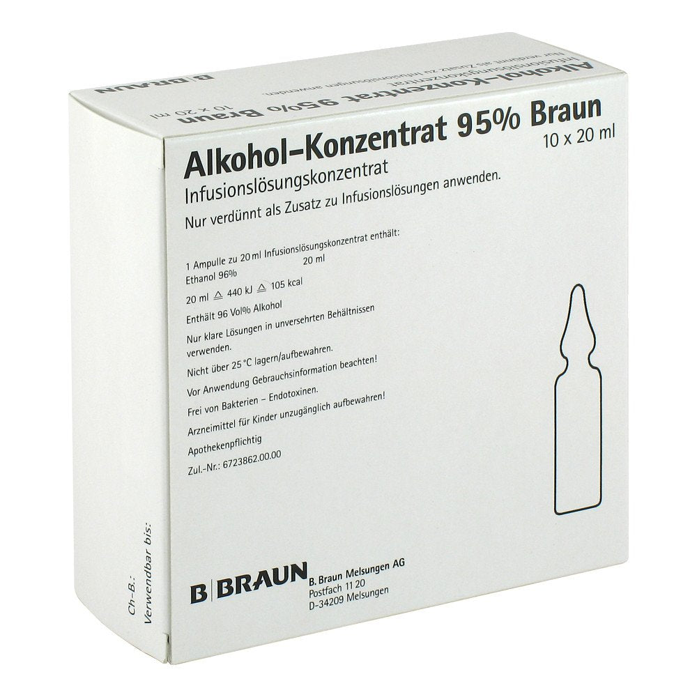 Das Produktfoto zeigt Alkohol 95% Infusionslösungskonzentrat (10X20 ml) PZN 03837980