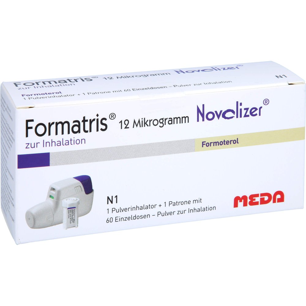 Das Produktfoto zeigt Formatris 12μg Novolizer 1x60 Ed Inhalator+Patrone (1 stk) PZN 03840522