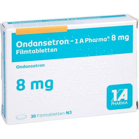 Das Produktfoto zeigt Ondansetron-1a Pharma 8 Mg Filmtabletten (30 stk) PZN 03850986
