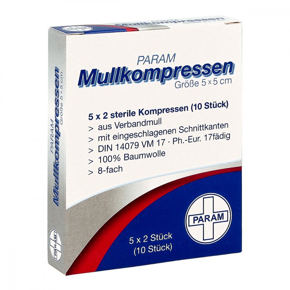 Das Produktfoto zeigt Mullkompressen 5x5 Cm Steril 8fach (5X2 stk) PZN 03856084