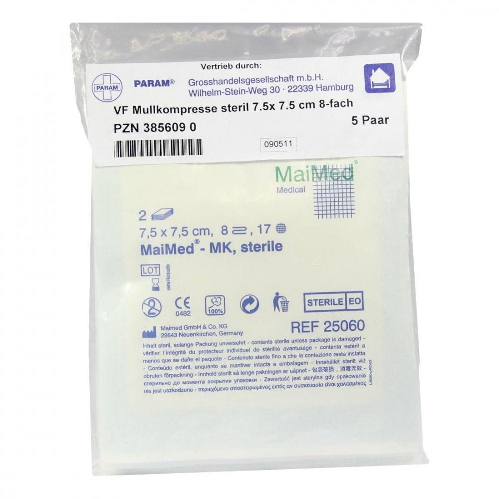 Das Produktfoto zeigt Mullkompressen 7,5x7,5 Cm Steril 8fach (5X2 stk) PZN 03856090