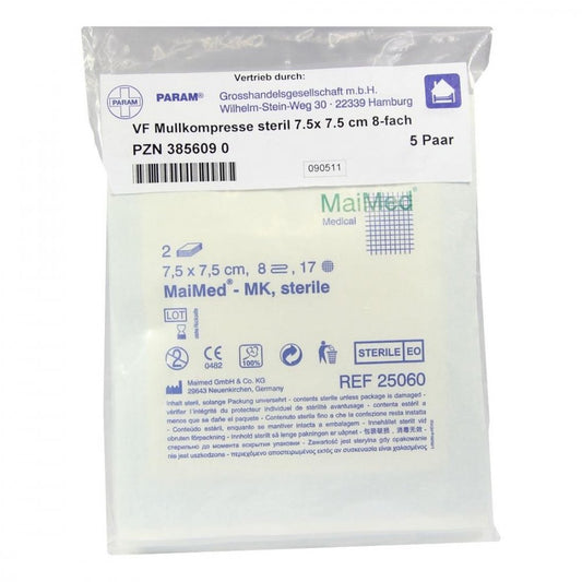 Das Produktfoto zeigt Mullkompressen 7,5x7,5 Cm Steril 8fach (5X2 stk) PZN 03856090