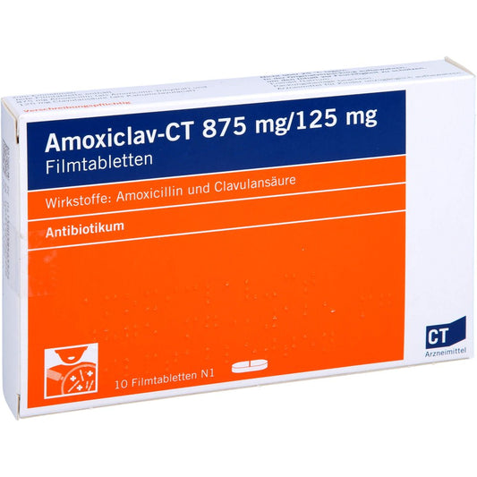 Das Produktfoto zeigt Amoxiclav-Ct 875 Mg/125 Mg Filmtabletten (10 stk) PZN 03856552
