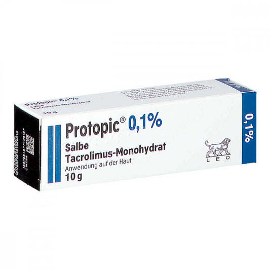 Das Produktfoto zeigt Protopic 0,1% Salbe (10 g) PZN 03863121