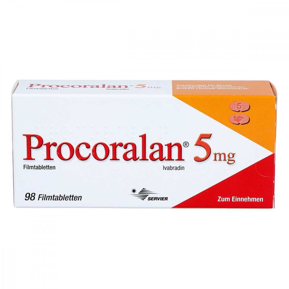 Das Produktfoto zeigt Procoralan 5 Mg Filmtabletten (98 stk) PZN 03879814