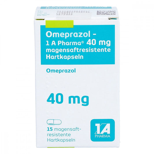 Das Produktfoto zeigt Omeprazol-1a Pharma 40 Mg Magensaftres.Hartkapseln (15 stk) PZN 03881805