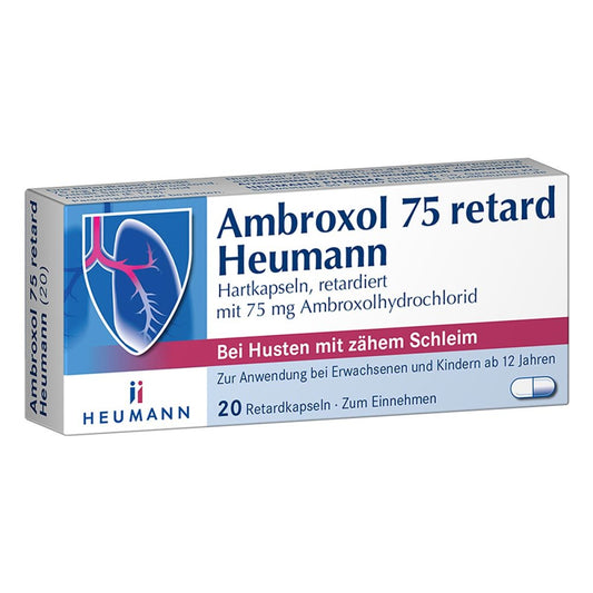 Das Produktfoto zeigt Ambroxol 75 Retard Heumann Kapseln (20 stk) PZN 03882147