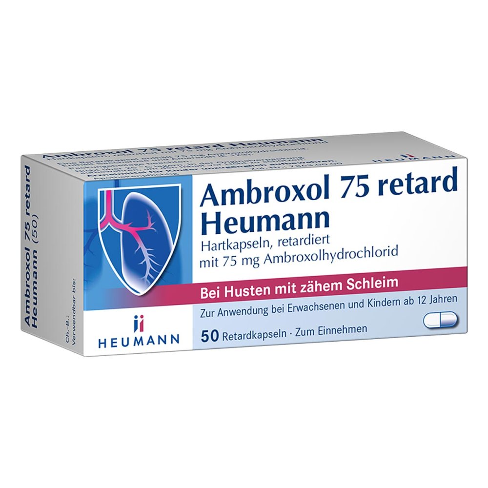 Das Produktfoto zeigt Ambroxol 75 Retard Heumann Kapseln (50 stk) PZN 03882153