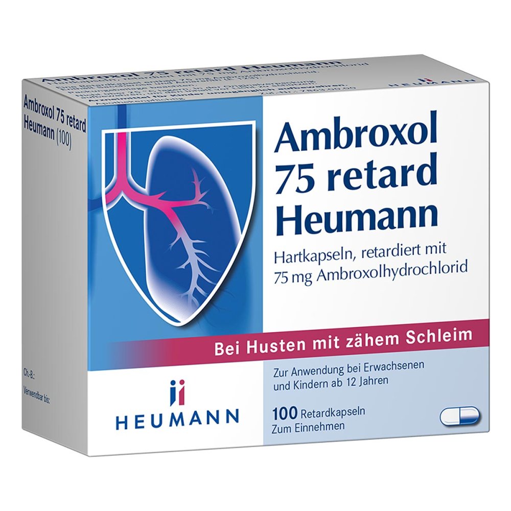 Das Produktfoto zeigt Ambroxol 75 Retard Heumann Kapseln (100 stk) PZN 03882176