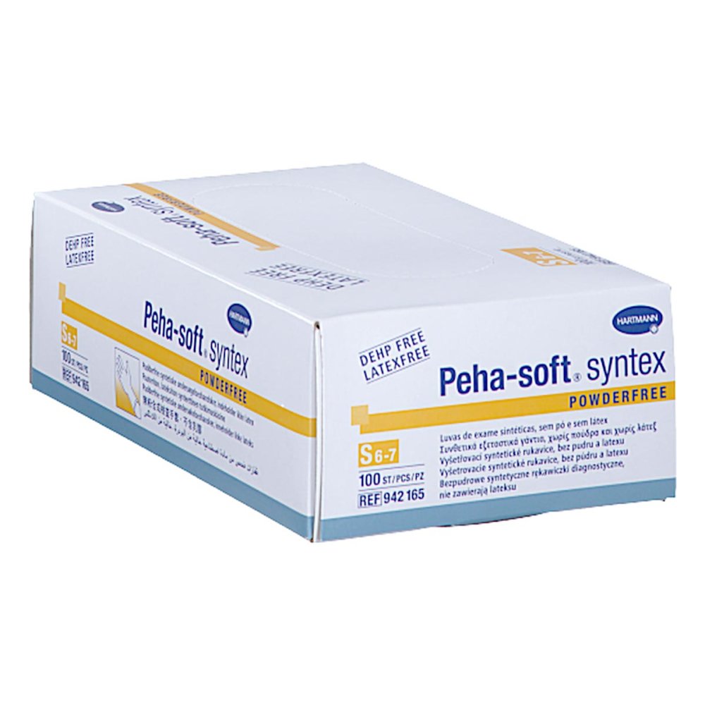 Das Produktfoto zeigt Peha-Soft Syntex Unters.Handsch.Unste.Pud.Frei S (100 stk) PZN 03887989