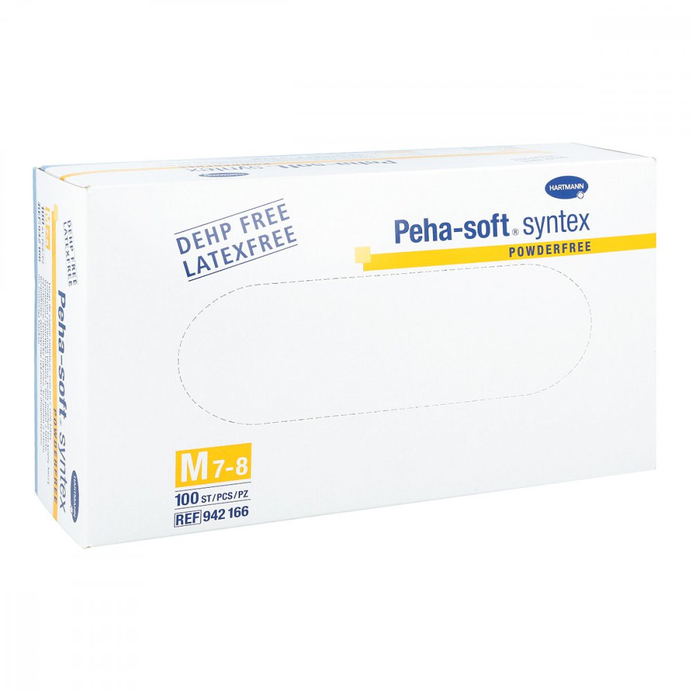 Das Produktfoto zeigt Peha-Soft Syntex Unters.Handsch.Unste.Pud.Frei M (100 stk) PZN 03888291