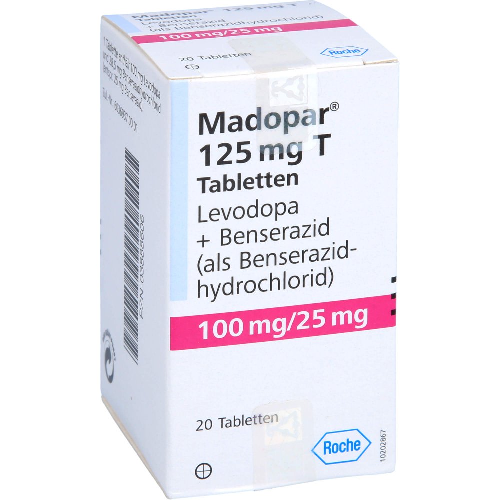 Das Produktfoto zeigt Madopar 125 T Tabletten (20 stk) PZN 03888606