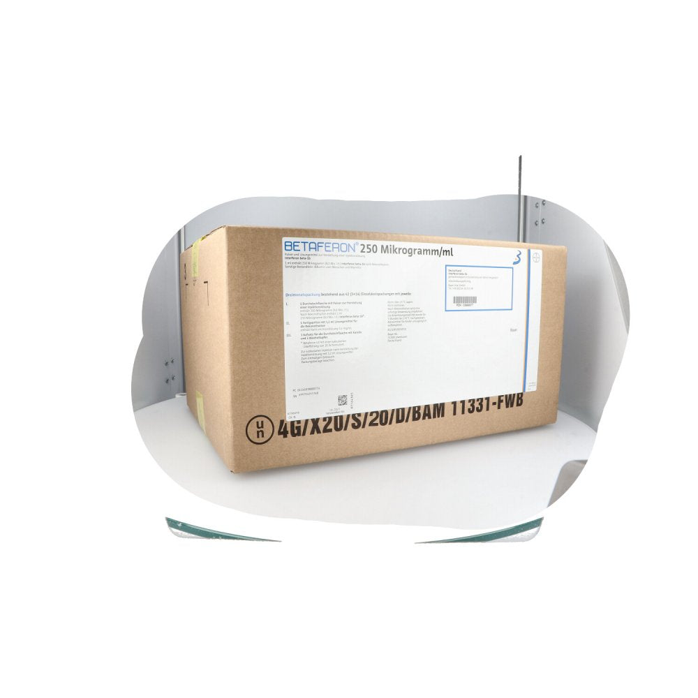 Das Produktfoto zeigt Betaferon 250 Μg/Ml 3 Monatsp.P.U.Lm Z.H.E.Inj.L. (3X14 stk) PZN 03888977