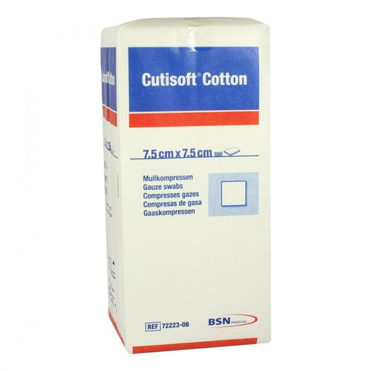 Das Produktfoto zeigt Cutisoft Cotton Kompr.7,5x7,5 Cm Unster.12fach (100 stk) PZN 03896899