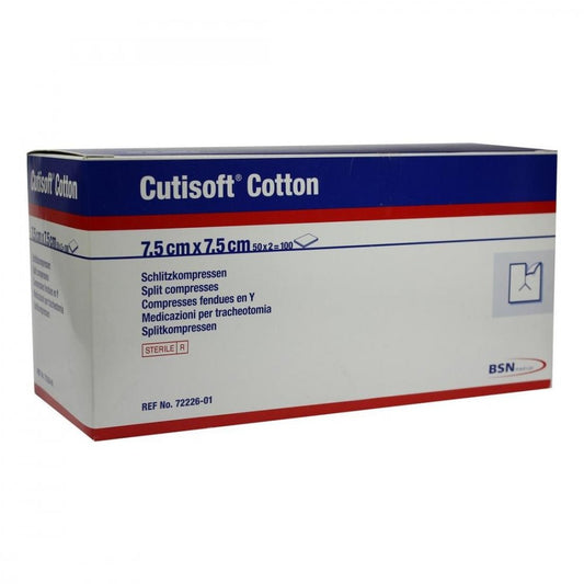 Das Produktfoto zeigt Cutisoft Cotton Schlitzkompr.7,5x7,5 Cm Steril (50X2 stk) PZN 03898935
