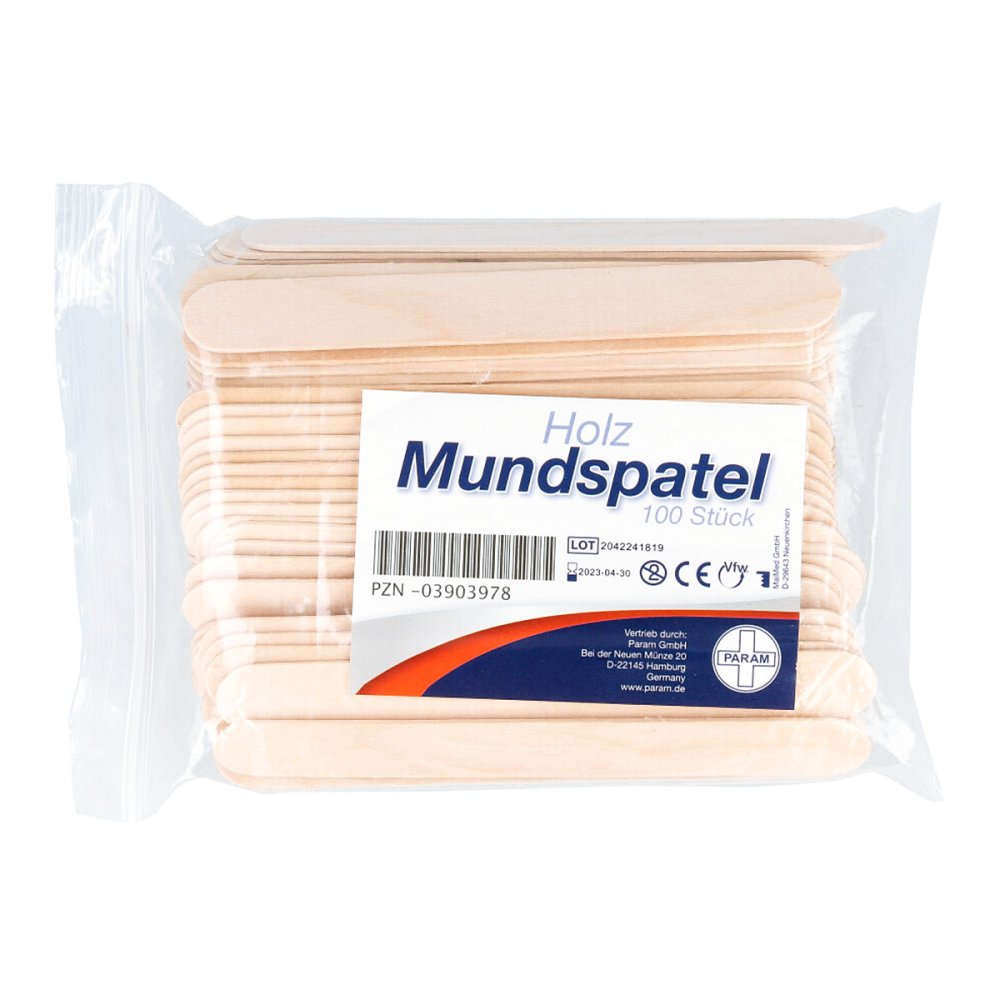 Das Produktfoto zeigt Mundspatel Holz Btl. (100 stk) PZN 03903978