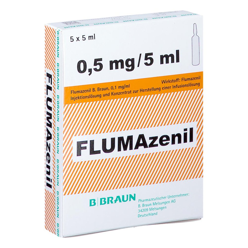 Das Produktfoto zeigt Flumazenil 0,1 Mg/Ml Inj.-Lsg.+Konz.Z.H.E.Inf. (5X5 ml) PZN 03916811