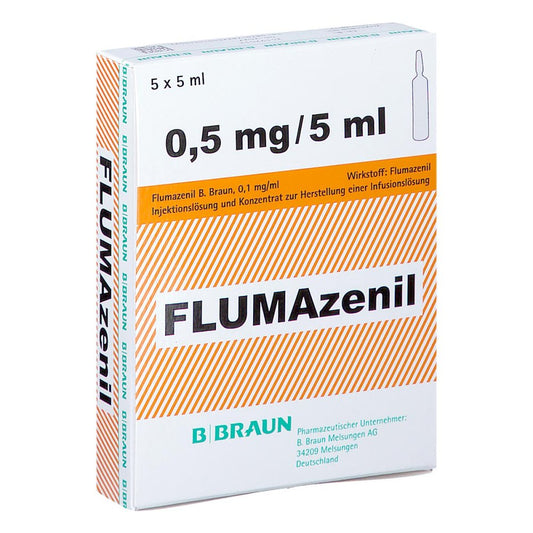 Das Produktfoto zeigt Flumazenil 0,1 Mg/Ml Inj.-Lsg.+Konz.Z.H.E.Inf. (5X5 ml) PZN 03916811