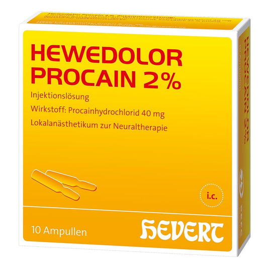 Das Produktfoto zeigt Hewedolor Procain 2% Injektionslösung In Ampullen (10X2 ml) PZN 03919815
