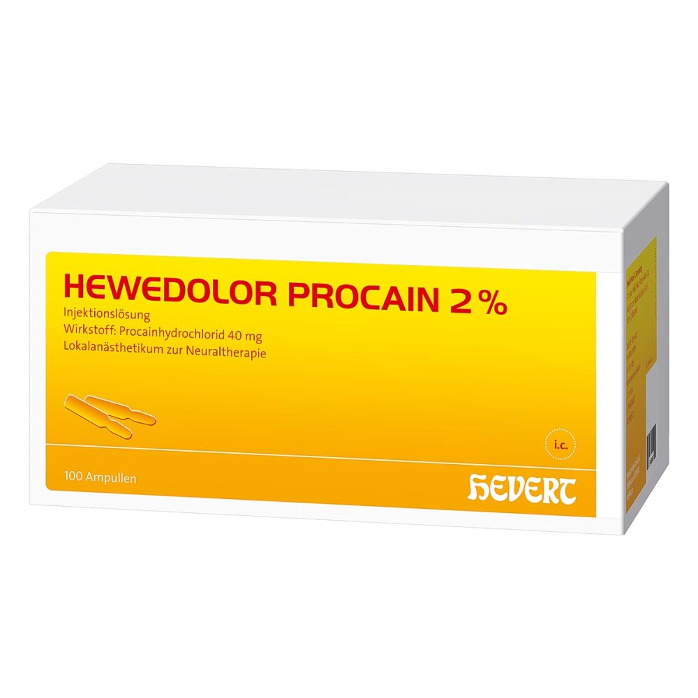 Das Produktfoto zeigt Hewedolor Procain 2% Injektionslösung In Ampullen (100X2 ml) PZN 03919821