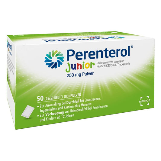 Das Produktfoto zeigt Perenterol Junior 250 Mg Pulver Btl. (50 stk) PZN 03921545