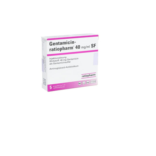 Das Produktfoto zeigt Gentamicin-Ratiopharm 40 Mg/Ml Inj.-Lsg.Sf Amp. (5 stk) PZN 03928174