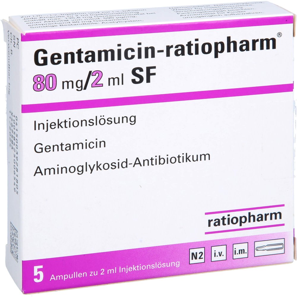 Das Produktfoto zeigt Gentamicin-Ratiopharm 80 Mg/2 Ml Inj.-Lsg.Sf Amp. (5 stk) PZN 03928180
