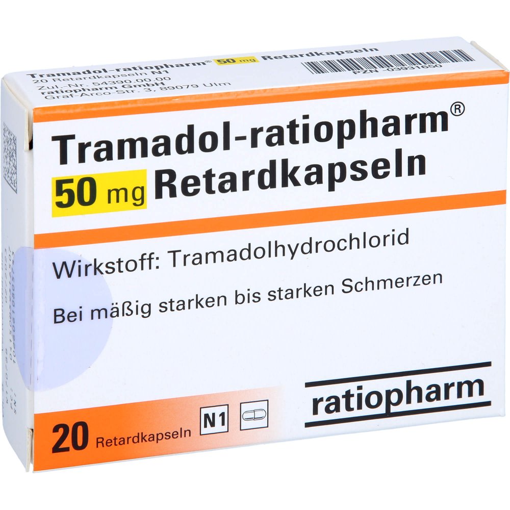 Das Produktfoto zeigt Tramadol-Ratiopharm 50 Mg Retardkapseln (20 stk) PZN 03931650