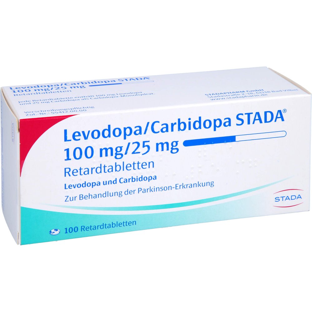 Das Produktfoto zeigt Levodopa/Carbidopa Stada 100 Mg/25 Mg Retardtabl. (100 stk) PZN 03931822