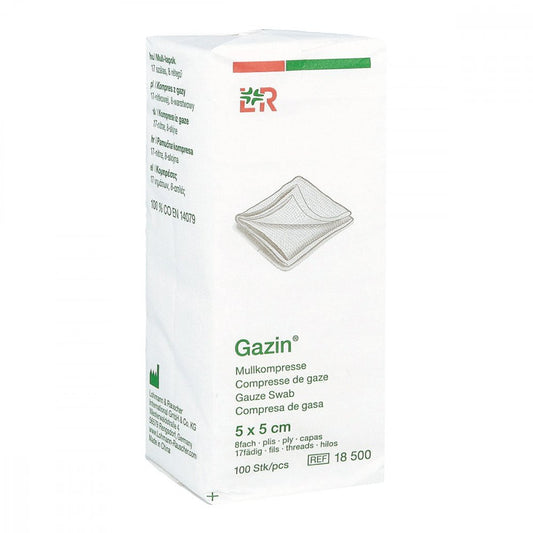 Das Produktfoto zeigt Gazin Mullkomp.5x5 Cm Unsteril 8fach Op (100 stk) PZN 03959358