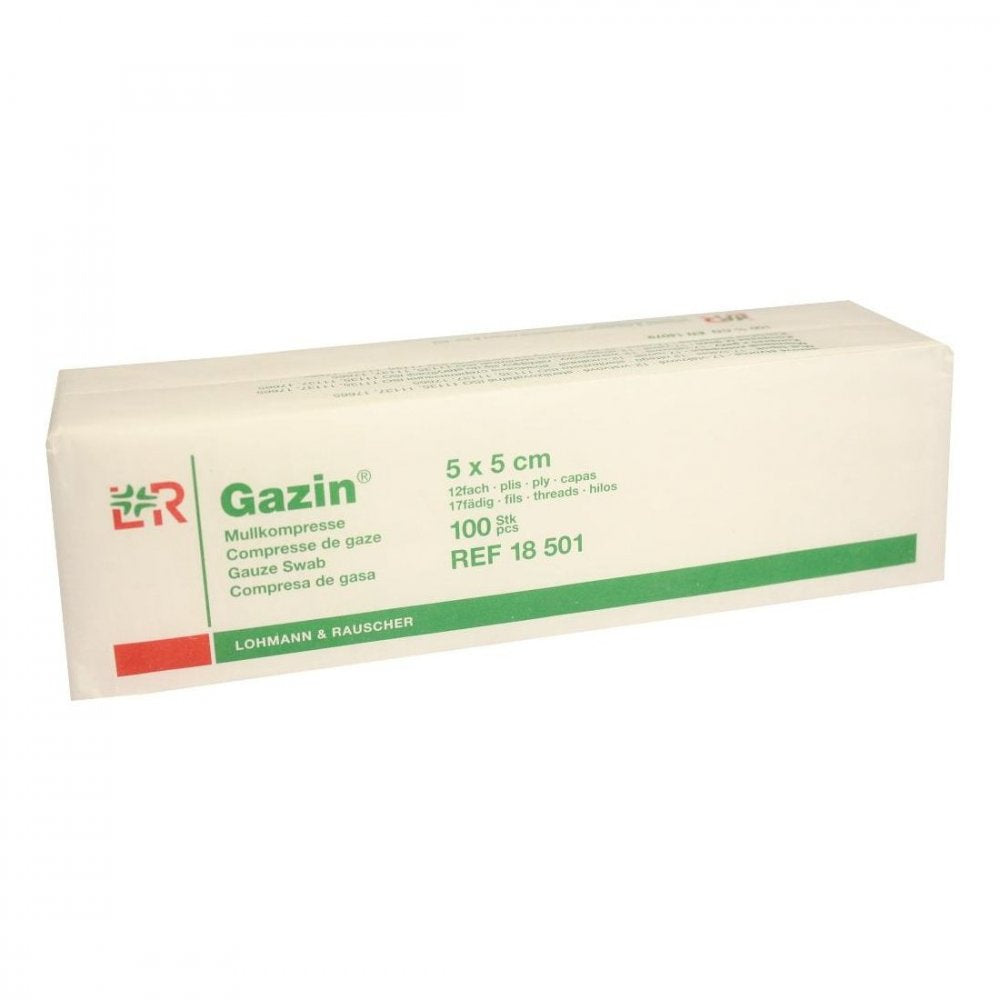 Das Produktfoto zeigt Gazin Mullkomp.5x5 Cm Unsteril 12fach Op (100 stk) PZN 03959364