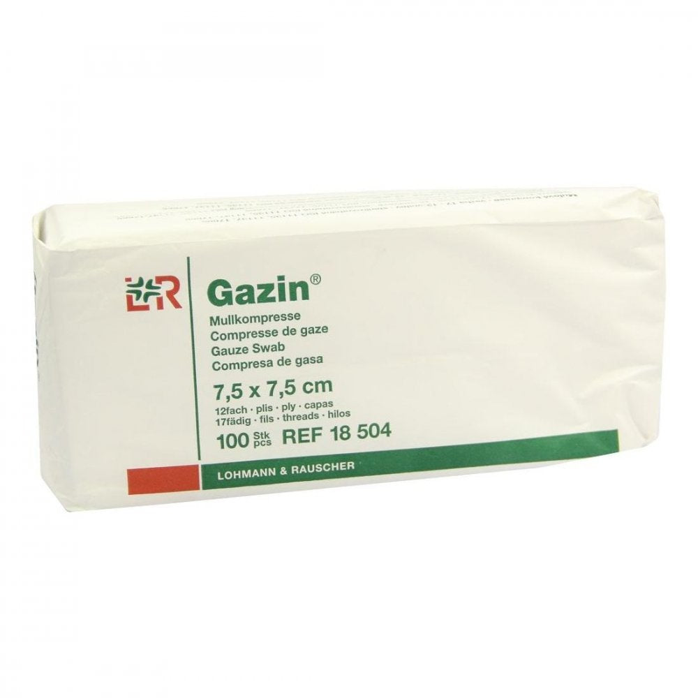 Das Produktfoto zeigt Gazin Mullkomp.7,5x7,5 Cm Unsteril 12fach Op (100 stk) PZN 03959393