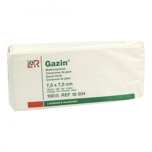 Das Produktfoto zeigt Gazin Mullkomp.7,5x7,5 Cm Unsteril 12fach Op (100 stk) PZN 03959393