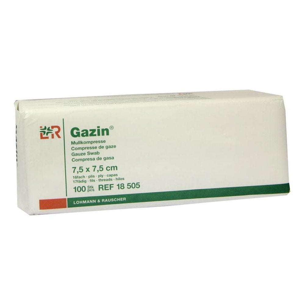 Das Produktfoto zeigt Gazin Mullkomp.7,5x7,5 Cm Unsteril 16fach Op (100 stk) PZN 03959401