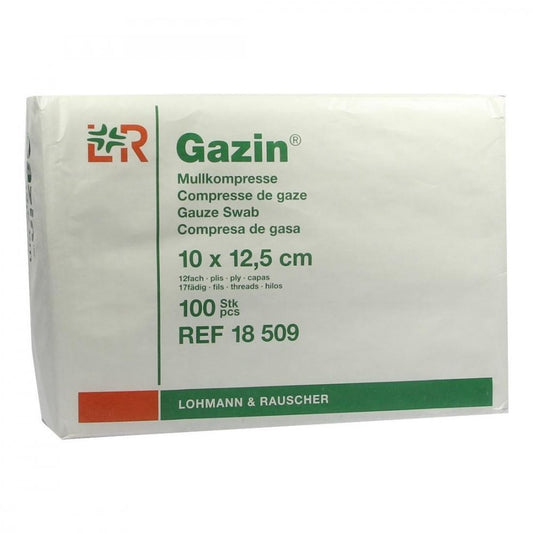 Das Produktfoto zeigt Gazin Mullkomp.10x12,5 Cm Unsteril 12fach Op (100 stk) PZN 03959447