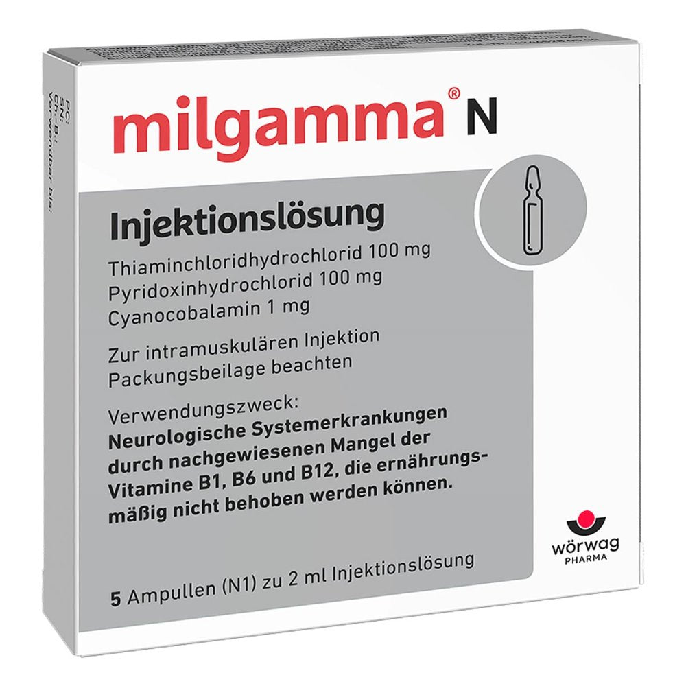 Das Produktfoto zeigt Milgamma N Injektionslösung Ampullen (5X2 ml) PZN 03966223