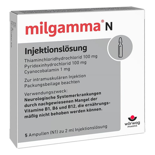 Das Produktfoto zeigt Milgamma N Injektionslösung Ampullen (5X2 ml) PZN 03966223
