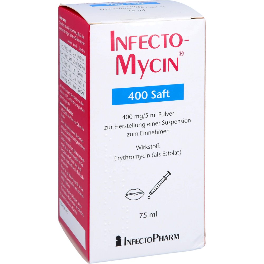Das Produktfoto zeigt Infectomycin 400 Saft Plv.Z.Herst.E.Susp.Z.Einn. (75 ml) PZN 03977445